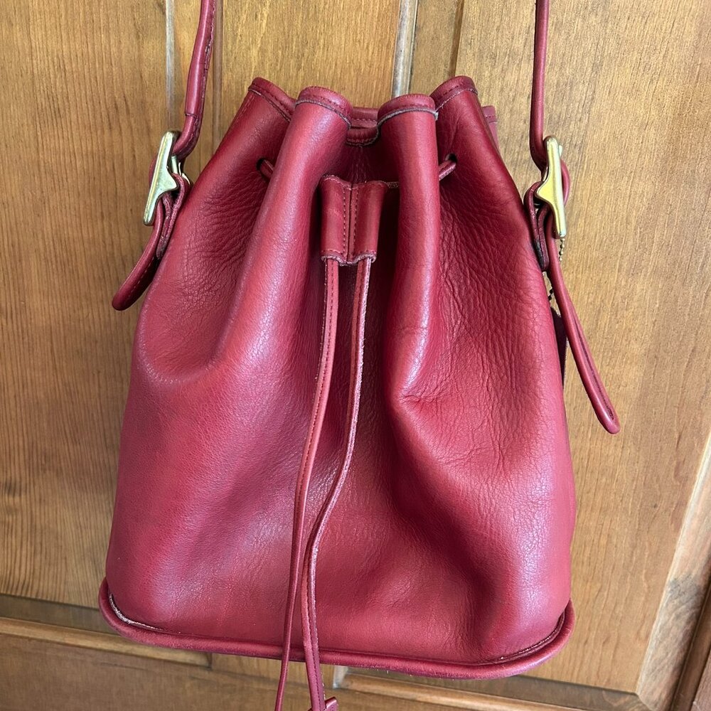 Red Leather Coach purse, Vintage Drawstring Bucket Bag, Red Leather